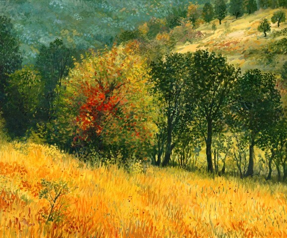 An oil painting on canvas of a seasonal autumn rural landscape with colorful old pear tre